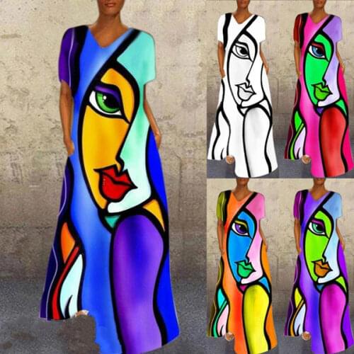 2021 Summer Women Abstract Printed Dresses Casual Short Sleeve V Neck Long Dresses Loose Plus Size A-line Maxi Dresses Vestidos