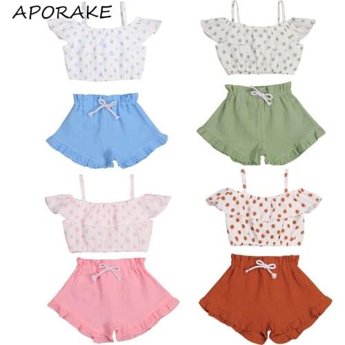 2021 0-5Y Toddler Girls Clothing Summer Sweet Ruffle Polka Dot Print Sling Pullover Crop Top+Pleated Lace Up Shorts 2pcs Outfits