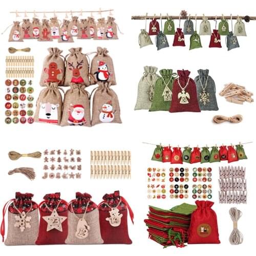 24pcs Christmas Advent Calendar Bag Linen Wall Hanging Drawstring Bag With Clips Wooden Sign 2022 Christmas Countdown Advent Bag