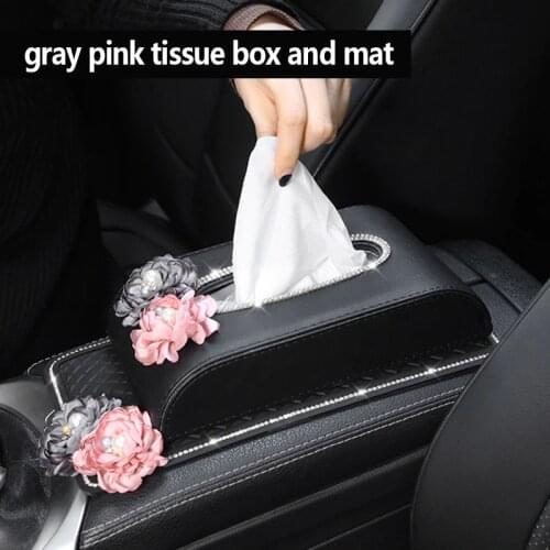 Car Tissue Box Rhinestone Flower Auto Tissue Holder Block-type Tissue Box Car Styling Hand Made Flower Bling Cover Women