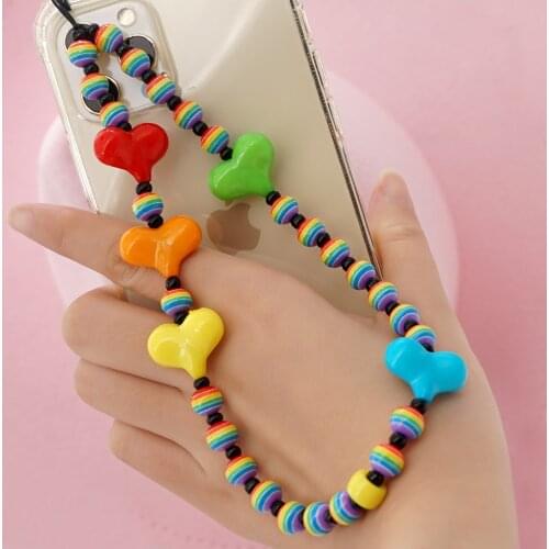 Go2Boho Phone Chain Telephone Jewelry Mobile Chains For Cell Phone Case Multicolor Heart Charm Lanyard Beads Strap Hanging Cord