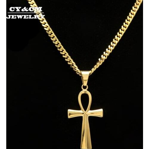 CY&CM Top Quality Gold Color Stainless Steel Egyptian Ankh Key Of Life Cross Pendant Long Necklace Chain Link Hip Hop Jewelry