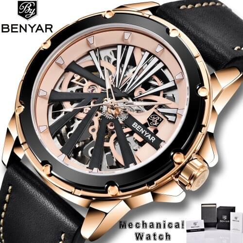 BENYAR 2021 New Skeleton Dial Mechanical Automatic Watches men Fashion Casual Waterproof Men watch Genuine Leather Watch men+Box