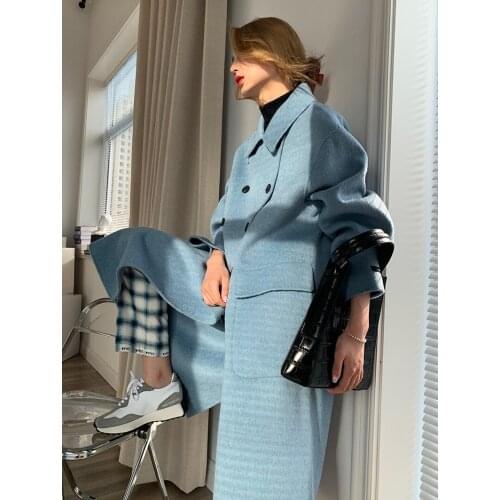 Double-breasted straight Korean version of double-sided cashmere coat womens temperament suit collar woolen cloth