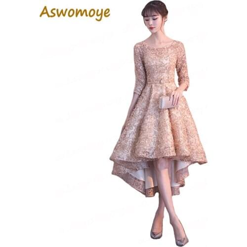 Aswomoye Elegant Short Evening Dress 2018 New Short Front Long Back Prom Dresses Soft Material Party Dress O-Neck robe de soiree