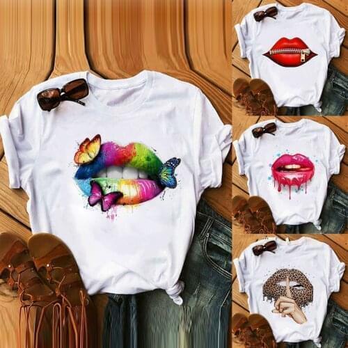 Chic Lips Print T-shirt Fashion Women O-neck Red Lip Mouth Print Short Sleeve Casual Top T-shirt Blouse Женская Футболка