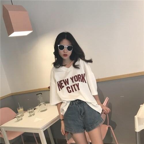 T-shirts Women V-Neck Loose Letter Trendy Korean Style High Quality Female Simple Womens Loose All-match T-shirt Chic Daily