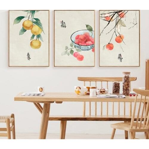 Traditional Chinese Style Ink Fruits Food Canvas Painting Retro Posters and Prints Watercolor Wall Art Picture for Kitchen Room