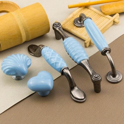 Mediterranean Style Blue Shell Ceramic Handles Rural Drawer Handle Wardrobe Cabinets Door Pull Handle Single Hole
