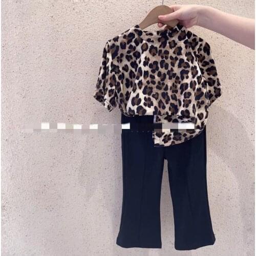 Girls' Suit Leopard Print Personalized Short-Sleeved Top plus Loose Wide-Leg Pants 21 Summer New Childrens Clothing