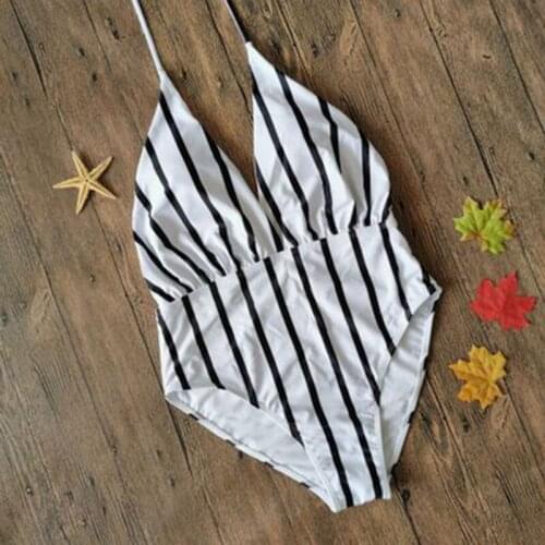 Bikini One-Piece Ladies Tight Striped Printed V-Neck Stitching Beach Swimming Pool Swimwear Multicolor