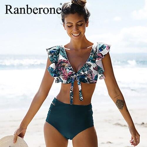 Two Piece Swimsuit 2020 Girl Floral Ruffled Bikini Set Women V neck High Waisted Beach Bathing Suit Swimwear Backless Bikini