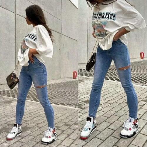 Summer Street Light-colored Ladies Wash Water Holes Slimming Denim Fashion Trend Mid-waist and Small-foot Womens Trousers WS14