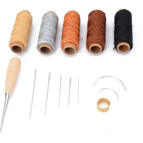 Mayitr 14pcs/set Hand leathercraft Tool Set with Needle Leather Waxed Thread Cord Drilling Awl and Thimble for Leather Repair
