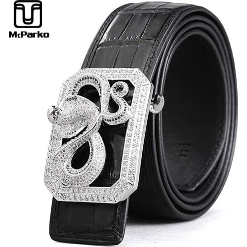 McParko Luxury Crocodile Leather Belt Men For Jeans Fashion Genuine Leather Waist Belt Cobra Buckle Highend Wedding Belt For Men