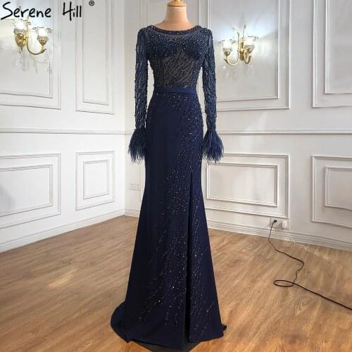 Luxury Muslim Navy Blue Evening Dresses Gowns 2021 Elegant Meramaid Beading Feathers For Women Party Wear BLA70978 Serene Hill