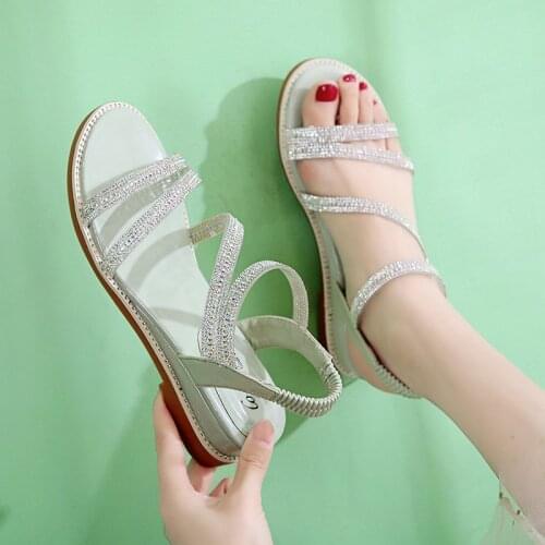 Women Summer Sandals Rhinestone Round Toe PU Leather Elastic Band Open Toe Flat 2021 Fashion Roman Dress Beach Ladies Shoes
