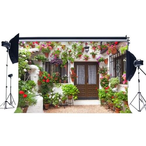 Rural Countyard Backdrop Blooming Fresh Flowers Backdrops Shabby Wood Door Green Plants Weathered Stone Background