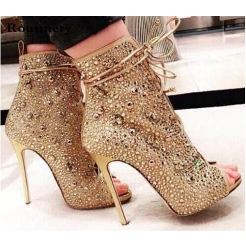 Bling Bling Peep Toe Sliver Gold Stiletto Thin High heels Crystal Sandal Boots Glitter Rhinestone Lace-up Short Ankle Booties