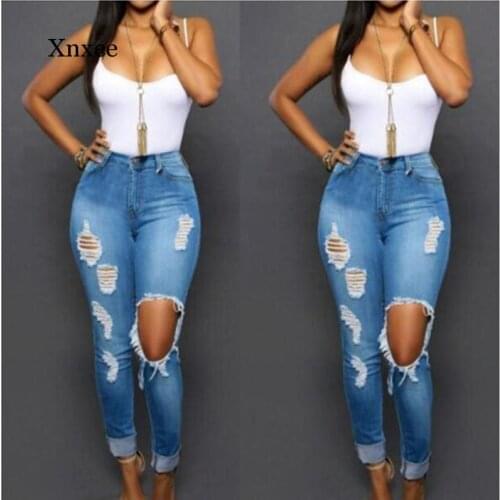 Spring Summer Stretch Slim Fit Hole Jeans Trousers Womens Sexy Leggings Fashion Frayed Denim Long Pencil Pants Clothing Bodycon