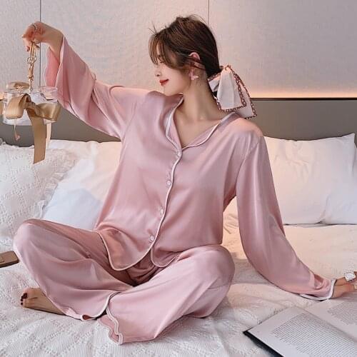 Women Sleepwear Sleep Suit Satin 2PCS Shirt&Pants PJS Set Nightwear Lounge Wear Casual Pajamas Summer Soft Lingerie Pijamas
