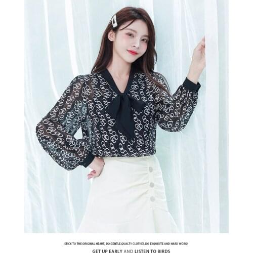 Bowknot tie chiffon shirt V-neck lantern sleeves personalized printing temperament shirt womens spring new