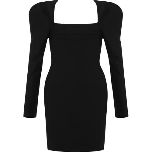 Women Bandage Dress Black Sexy Puff Sleeve Club Party Dress Autumn Winter Elegant Bodycon Dress Ladies Clothing
