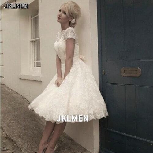 2021 Vestidos de Novia See through Back Pretty Appliques Plus size Scoop Knee-Length Lace Short Wedding Dresses Bridal Gowns