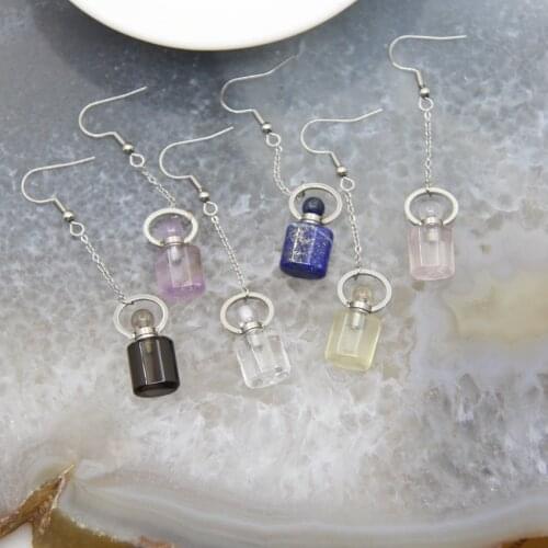 1Pair Silver Plated Perfume Bottle Earrings Lapis Amethysts Crystal Quartz Pendant,Gems Essential Oil Diffuser Vial Charms