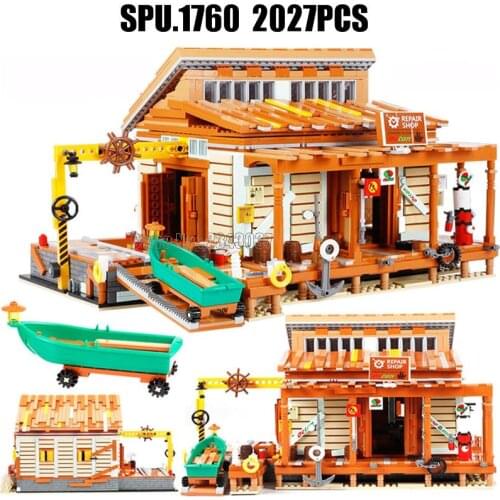12004 2027pcs Ideas Old Fishing Shipyard Repair Shop 5 Building Block Toy