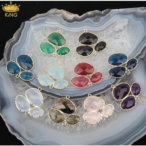 5Pcs/Lot Plated Gold Natural Amethysts Quartz Double Hole Charms,Jades Stone Slice Beads Charms For DIY Jewelry Making DT-07KBH