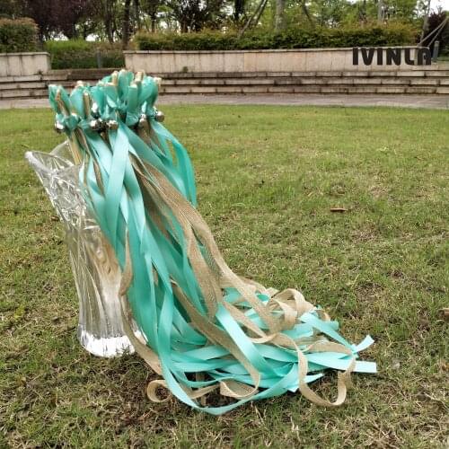 50pcs/lot green jute Wedding Ribbon Wands with bell for wedding decoration