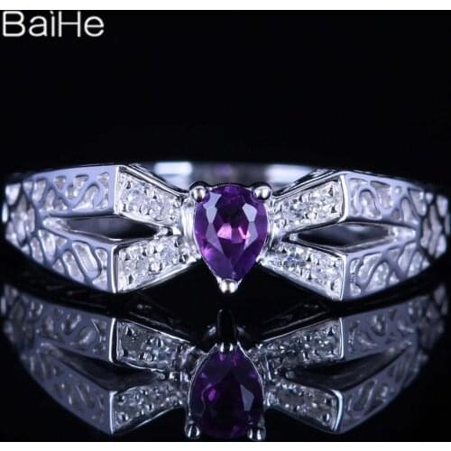 BAIHE Solid 14K White Gold 0.046CT Purple/Flawless Genuine Amethyst Wedding Women Wedding Fine Jewelry Amethyst Ring