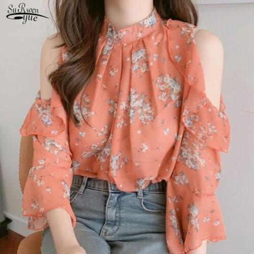 Blusas 2021 Summer Chiffon Blouses O-neck Print Off Shoulder Tops Women Fashion Elegant Shirt Half Loose Office Lady Tops 9931