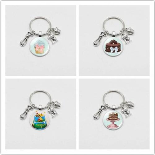 Cake keychain cute dessert round glass pendant metal keychain handmade gift dessert bakery cake shop gift