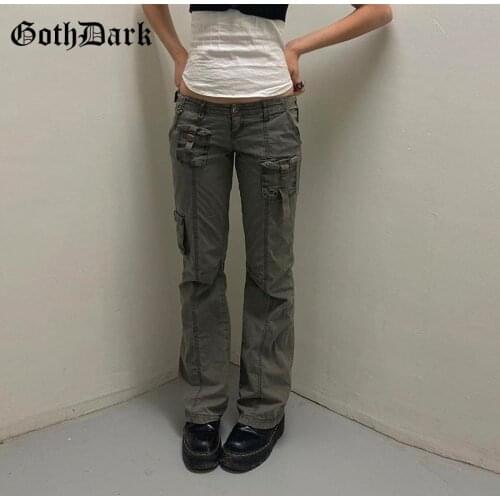 Goth Dark Grunge Do Old Punk Women Autumn Cargo Jeans Gothic Fashion Low Raise Pockets Patchwork Pants 90s Streetwear Trousers