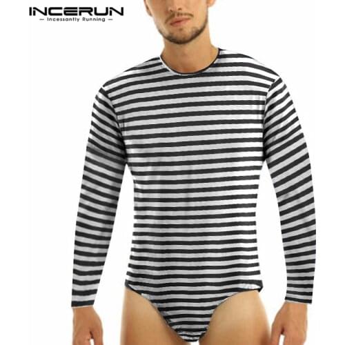 INCERUN Men Striped Bodysuit T Shirts Leisure Long Sleeve Round Neck Homewear Tops Sexy Fitness Rompers Camisetas Man Sexy Tees7