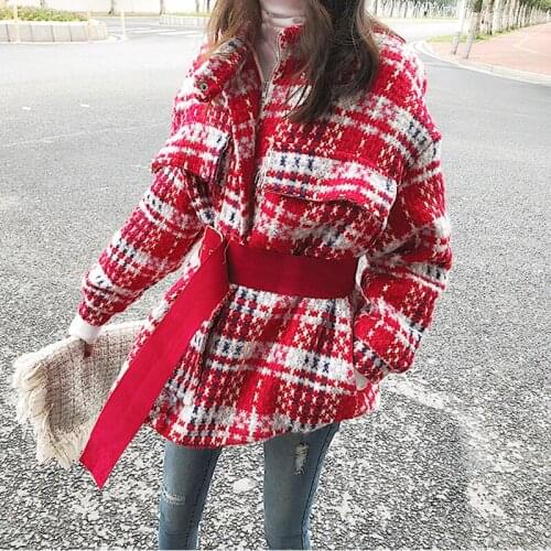 Spring flower jacket knit plaid female jacket loose coat Harajuku oversize female basic coat thickening warm coat female