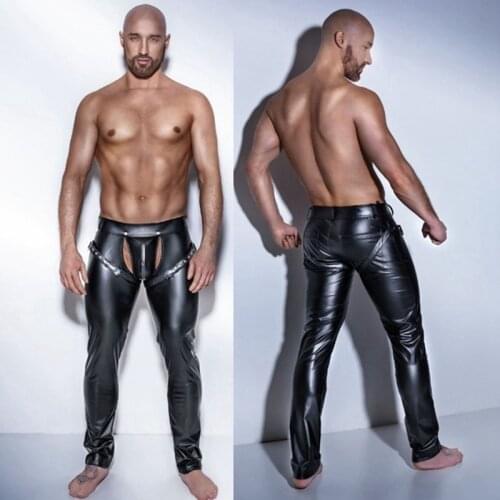 Wetlook Gay Latex Sissy Pants Patent Leather BDSM Fetish Men Bondage Pole Dance Open Crotch Pants Sexual Crotchless Gay Clothing