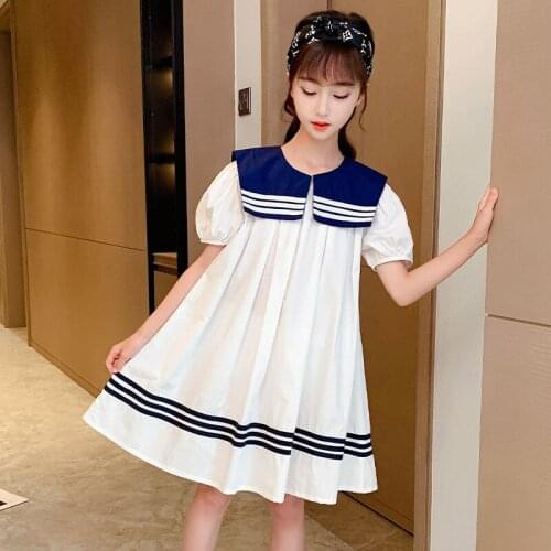 Girls summer school dress wholesale new teenage girl turn-down collar cotton dresses