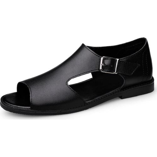 New 2021 Summer Men Sandals Leisure Beach Men Casual Shoes High Quality Leather Rome Style Mens Black Concise Sandals Slipper