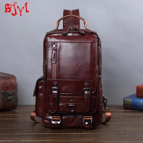 Genuine Leather Mens Bag Leather backpack Men Chest Bag small Casual Shoulder Bags male vintage small Backpacks
