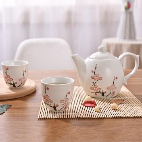 Plum tea ceremony set Japanese style ceramic one pot two cups gift box teapot teacup wooden tray plate teaware drinking