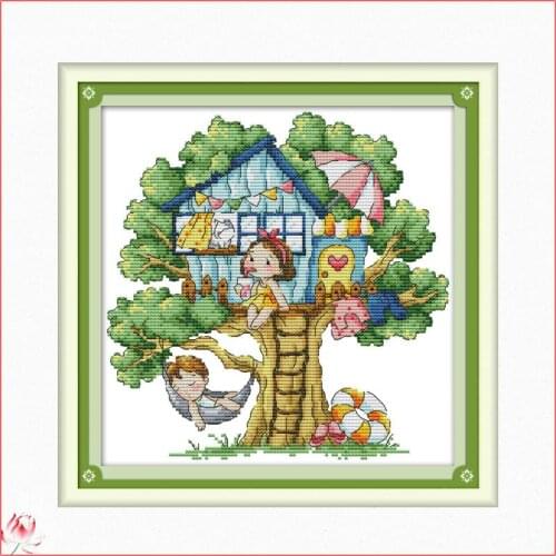 Joy Sunday Summer Tree House Cross Stitch Kits Ecological Cotton Stamped Printed 14 11CT DIY Easy To Use Home Decoration Gifts