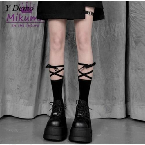 Gothic Punk Harajuku Solid Color Lace Up Letters Printed Cotton Casual Socks For Women Streetwear 6 Colors