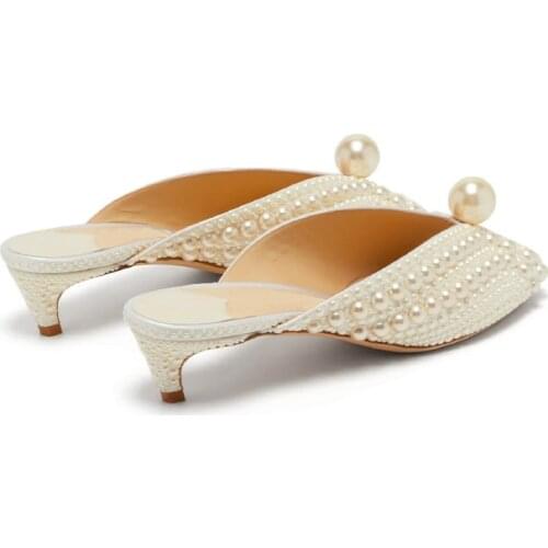Charming Lady Full Pearl Wedding Pumps Female Slingback Peep Toe Kitten Heels Sandals Summer Party Beads shoes
