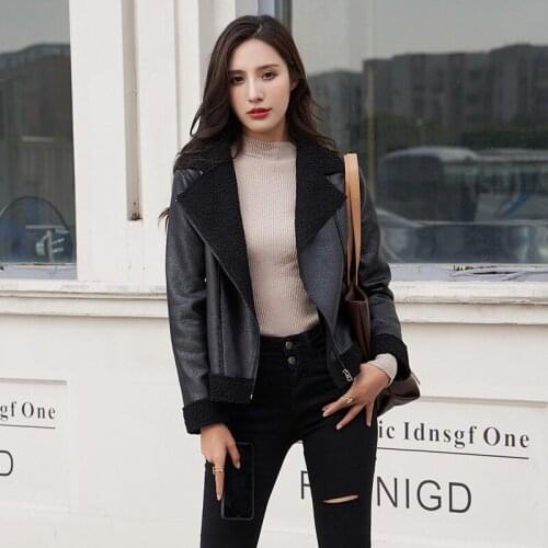 Winter faux leather coat women plus size black red PU top jacket 19 new lapel long sleeve fashion plus thick warmth jacket LR676