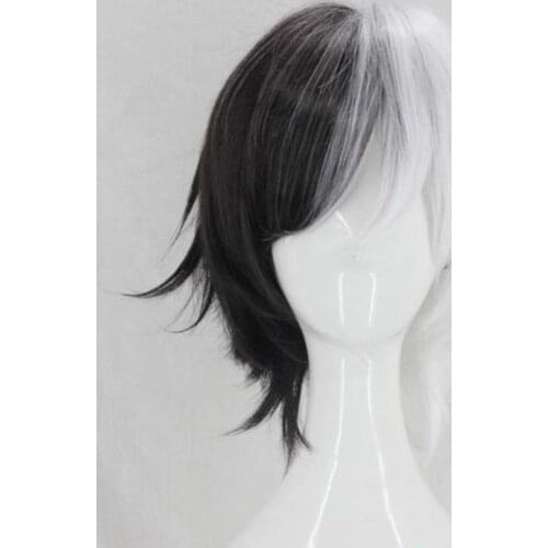 Bongo Stray Dogs Kyuusaku Yumeno Wigs Half Black Half White Short Synthetic Hair Heat Resistant Fiber Cosplay Wig+Hairnet