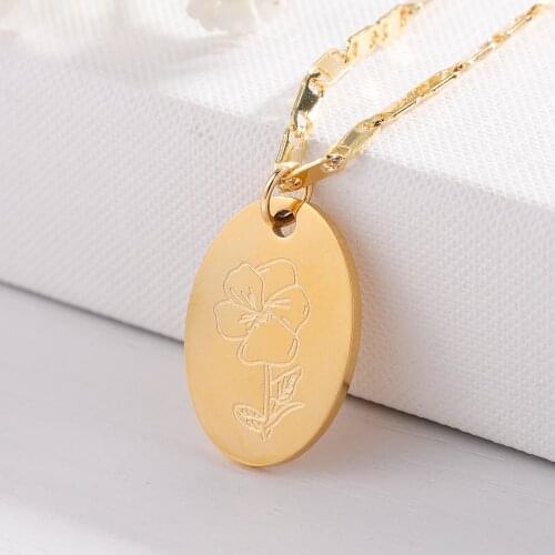 Personalized Flower Necklace Custom Gold Disc Pendant Stainless Steel Carved Birth Month Flower Pendant For Women Jewelry Gift