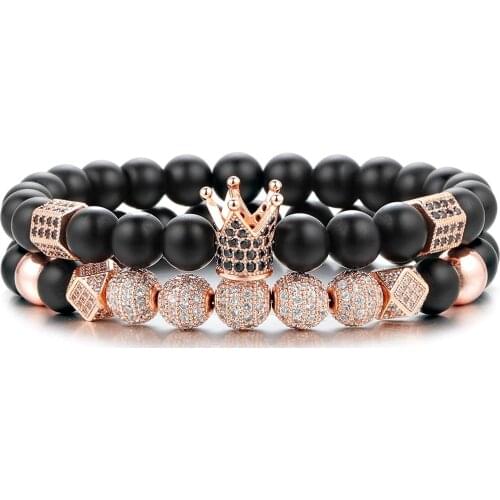 QIMOSHI 2PCS Rose Gold Crown King Charm Stone Beads Bracelet for Men WomenBlack Matte Onyx Beads Gift Box Packing